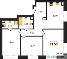 Планировка трехкомнатной(квартира) площадью 71.5 квадратных метров в “ЖК Shagal (Шагал)”