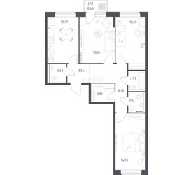 Планировка трехкомнатной(квартира) площадью 78.92 квадратных метров в ЖК “ЖК Новое Видное”