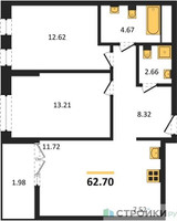 Планировка двухкомнатной(квартира) площадью 62.7 квадратных метров в “ЖК Дюна”