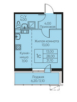 Планировка студии(апартаменты) площадью 31.1 квадратных метров в “ЖК Кашинцево”