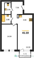Планировка однокомнатной(квартира) площадью 45.59 квадратных метров в “ЖК Остафьево”