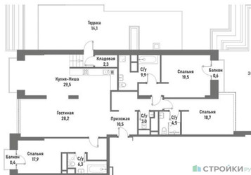 Планировка трехкомнатной(квартира) площадью 164.2 квадратных метров в ЖК “ЖК Ренессанс”