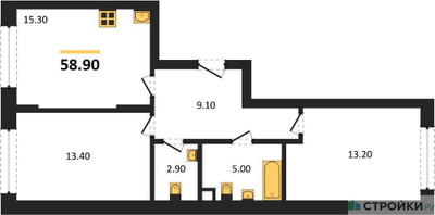 Планировка двухкомнатной(квартира) площадью 58.9 квадратных метров в ЖК “ЖК Переделкино Ближнее”