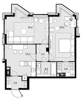 Планировка двухкомнатной(квартира) площадью 72.3 квадратных метров в “ЖК Crystal Трилогия (Кристал)”