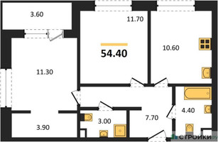 Планировка двухкомнатной(квартира) площадью 54.4 квадратных метров в “Жилые кварталы Белый Град”