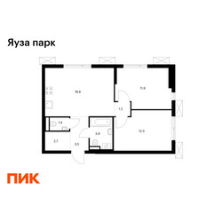 Планировка двухкомнатной(квартира) площадью 55.7 квадратных метров в ЖК “ЖК Яуза Парк (Мытищи)”