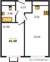 Планировка однокомнатной(квартира) площадью 41.5 квадратных метров в “ЖК Одинград. Квартал Семейный”