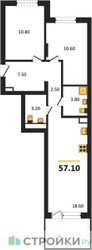 Планировка двухкомнатной(квартира) площадью 57.1 квадратных метров в ЖК “ЖК Равновесие”