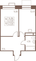 Планировка однокомнатной(квартира) площадью 43 квадратных метров в ЖК “ЖК Западная Ивантеевка”