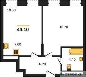 Планировка однокомнатной(квартира) площадью 44.1 квадратных метров в ЖК “ЖК Адмирал”