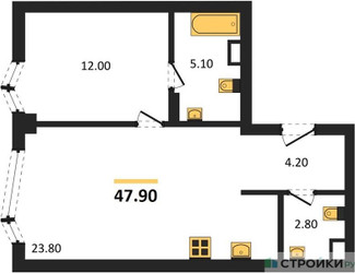 Планировка однокомнатной(квартира) площадью 47.9 квадратных метров в ЖК “ICE TOWERS (Айс Тауэрс)”