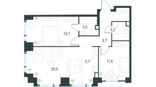 Планировка трехкомнатной(квартира) площадью 68.5 квадратных метров в “ЖК Левел Мичуринский”