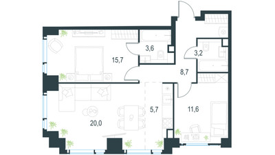 Планировка трехкомнатной(квартира) площадью 68.5 квадратных метров в ЖК “ЖК Левел Мичуринский”