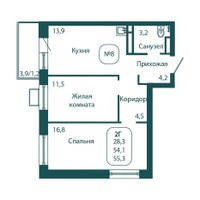 Планировка двухкомнатной(квартира) площадью 55.3 квадратных метров в “ЖК Андреевка Life (Андреевка Лайф)”