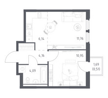 Планировка однокомнатной(квартира) площадью 37.61 квадратных метров в “ЖК Космический Квартал”