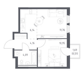 Планировка однокомнатной(квартира) площадью 37.61 квадратных метров в ЖК “ЖК Космический Квартал”