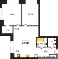 Планировка двухкомнатной(квартира) площадью 62 квадратных метров в “ЖК Upside Towers (Апсайд Тауэрс)”