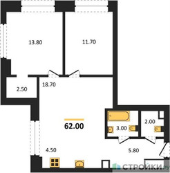 Планировка двухкомнатной(квартира) площадью 62 квадратных метров в ЖК “ЖК Upside Towers (Апсайд Тауэрс)”