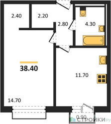 Планировка однокомнатной(апартаменты) площадью 38.4 квадратных метров в ЖК “ЖК Равновесие”