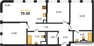 Планировка трехкомнатной(квартира) площадью 79.3 квадратных метров в “ЖК STONE Sokolniki (Сокольники)”