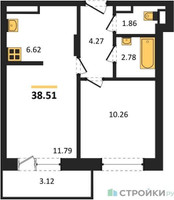 Планировка однокомнатной(квартира) площадью 38.51 квадратных метров в “Зеленый Оазис - Город”