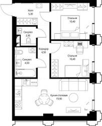 Планировка двухкомнатной(квартира) площадью 57.4 квадратных метров в ЖК “ЖК СЕТ”