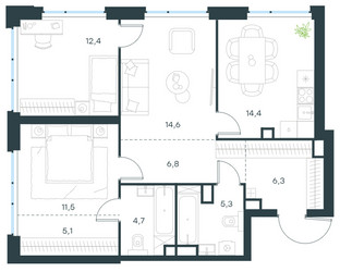 Планировка трехкомнатной(квартира) площадью 81 квадратных метров в ЖК “ЖК Левел Мичуринский”