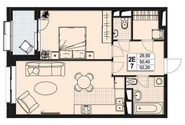 Планировка двухкомнатной(квартира) площадью 49.9 квадратных метров в ЖК “ЖК Атлантис”
