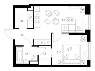Планировка однокомнатной(квартира) площадью 37.5 квадратных метров в ЖК “ЖК Кавказский бульвар 51”