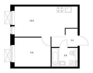 Планировка однокомнатной(квартира) площадью 33.6 квадратных метров в ЖК “ЖК Волжский Парк”