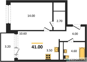 Планировка однокомнатной(квартира) площадью 43.9 квадратных метров в ЖК “ЖК Новая Щербинка”