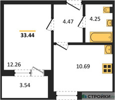 Планировка однокомнатной(квартира) площадью 33.44 квадратных метров в “Жилые кварталы Новое Пушкино”