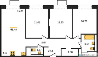 Планировка трехкомнатной(квартира) площадью 69.48 квадратных метров в “ЖК Пятницкие луга”