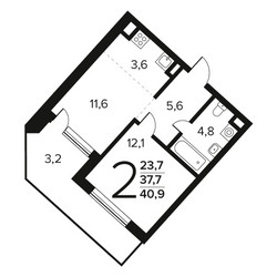 Планировка двухкомнатной(квартира) площадью 40.9 квадратных метров в ЖК “Новые Ватутинки. Заречный”