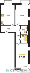 Планировка двухкомнатной(квартира) площадью 57.16 квадратных метров в ЖК “ЖК Квартал Марьино”