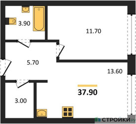 Планировка однокомнатной(квартира) площадью 37.9 квадратных метров в ЖК “ЖК Portland (Портланд)”