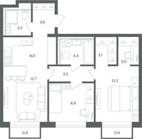 Планировка трехкомнатной(квартира) площадью 63.2 квадратных метров в “ЖК Равновесие”