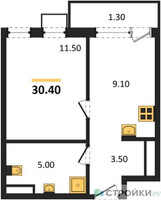 Планировка однокомнатной(квартира) площадью 30.4 квадратных метров в “ЖК Южные сады”