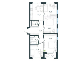 Планировка 4+ комнатной(квартира) площадью 86.8 квадратных метров в ЖК “ЖК Level Лесной”