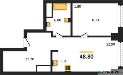 Планировка однокомнатной(квартира) площадью 48.8 квадратных метров в ЖК “ЖК Very (Вери)”
