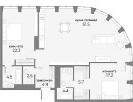 Планировка трехкомнатной(апартаменты) площадью 113.9 квадратных метров в “ЖК Sky View (Скай Вью)”
