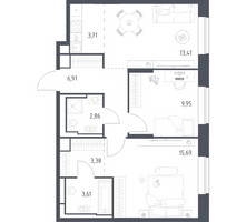 Планировка двухкомнатной(квартира) площадью 59.52 квадратных метров в “ЖК Верейская 41”
