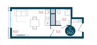 Планировка студии(квартира) площадью 24 квадратных метров в “ЖК РУСИЧ-Кантемировский”