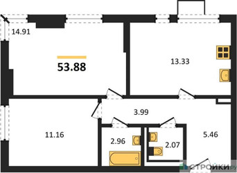 Планировка двухкомнатной(квартира) площадью 53.88 квадратных метров в ЖК “ЖК Горки Парк”