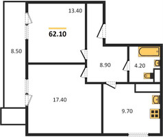 Планировка двухкомнатной(квартира) площадью 61.9 квадратных метров в “ЖК Парк Легенд 2”