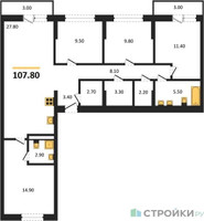 Планировка 4+ комнатной(квартира) площадью 107.8 квадратных метров в “ЖК Первый квартал”