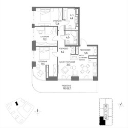 Планировка 4+ комнате (квартира) площадью 90.5 квадратных метров в ЖК “Остров”