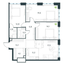 Планировка 4+ комнатной(квартира) площадью 89.2 квадратных метров в ЖК “ЖК Левел Южнопортовая”