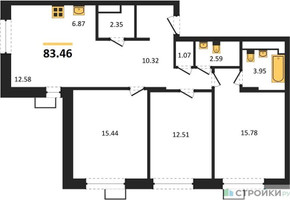 Планировка трехкомнатной(квартира) площадью 83.3 квадратных метров в “ЖК Новоград Павлино”