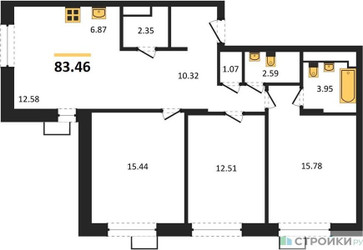 Планировка трехкомнатной(квартира) площадью 83.3 квадратных метров в ЖК “ЖК Новоград Павлино”